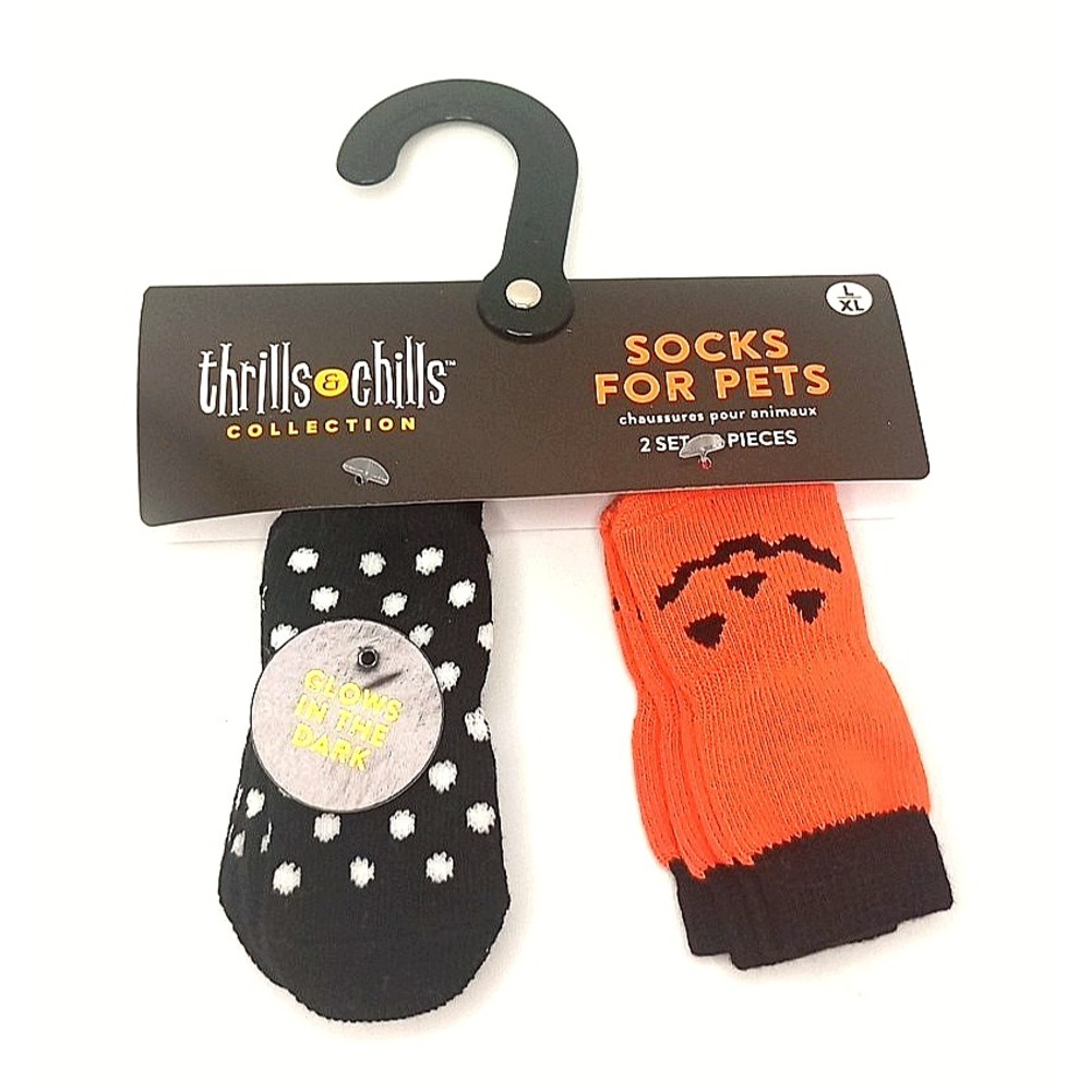 Thrills &‎ Chills Pumpkin Dog Socks Halloween Glow in the Dark Anti Slip L/XL